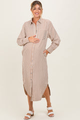 Camel Textured Stripe Button Down Maternity Shirt Dress