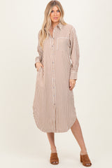 Camel Textured Stripe Button Down Maternity Shirt Dress
