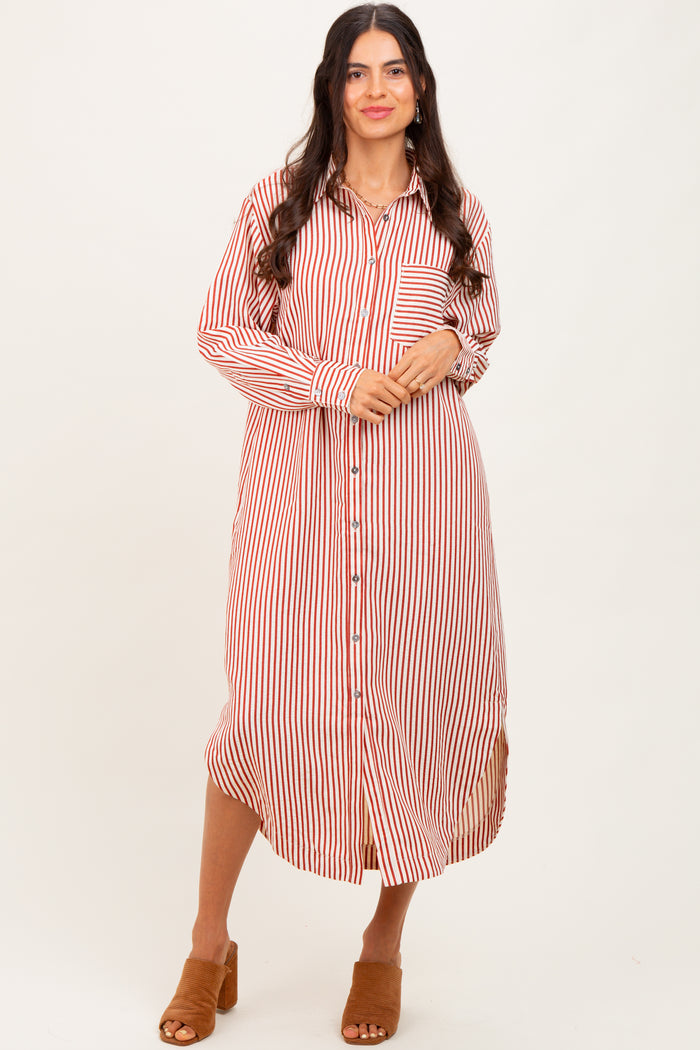 Rust Textured Stripe Button Down Shirt Dress