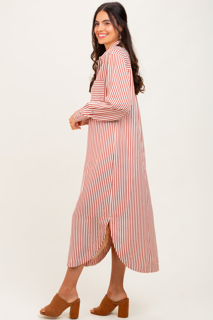 Rust Textured Stripe Button Down Shirt Dress