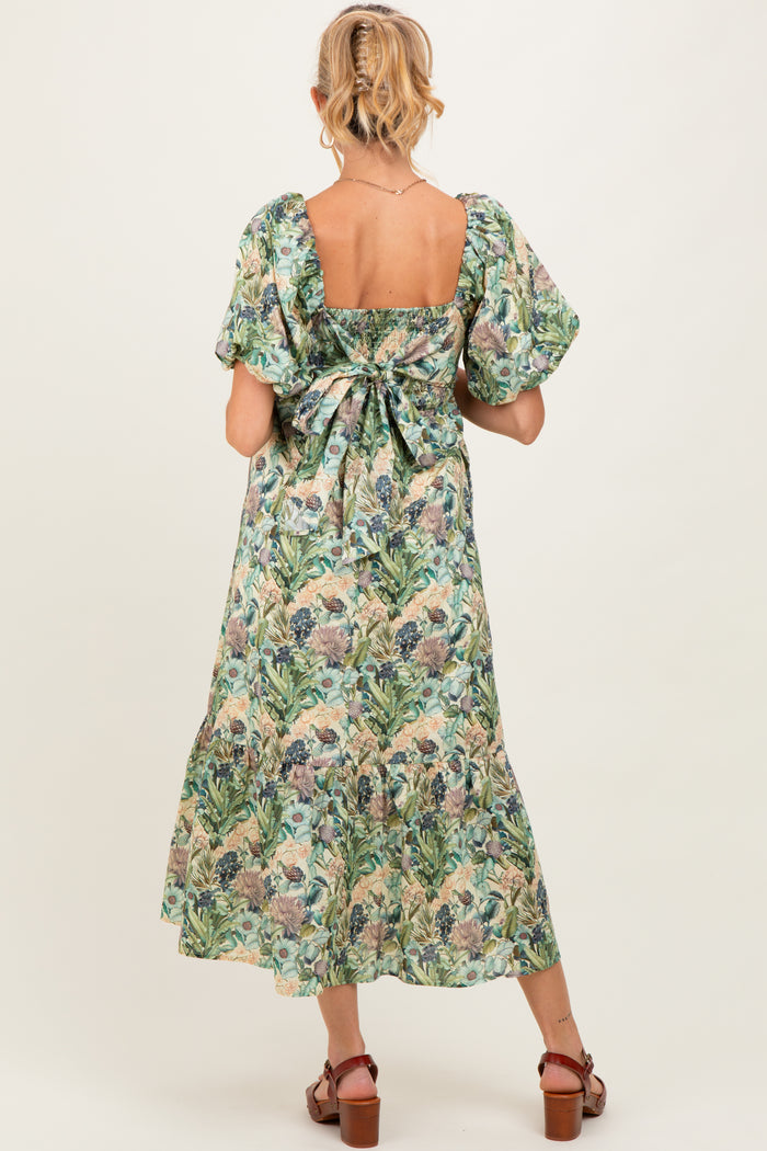 Multicolor Floral Puff Sleeve Bow Tie Detail Maternity Midi Dress