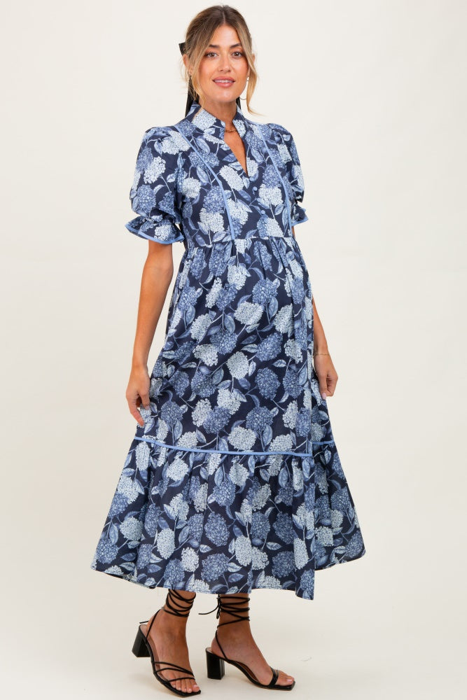 Navy Floral Split Button Collar Puff Sleeve Maternity Midi Dress