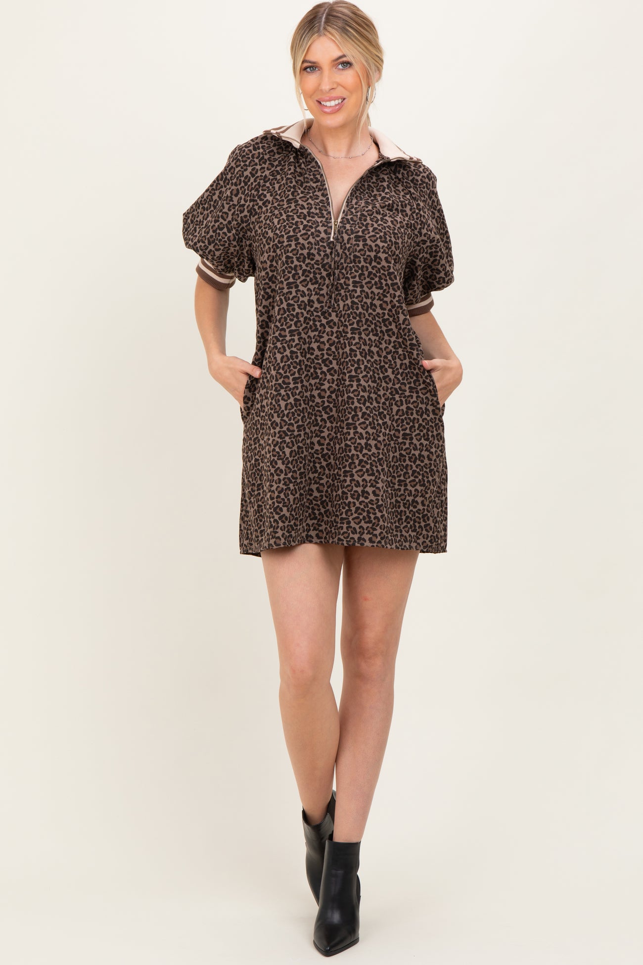 Mocha Animal Print Quarter Zip Puff Sleeve Maternity Mini Dress