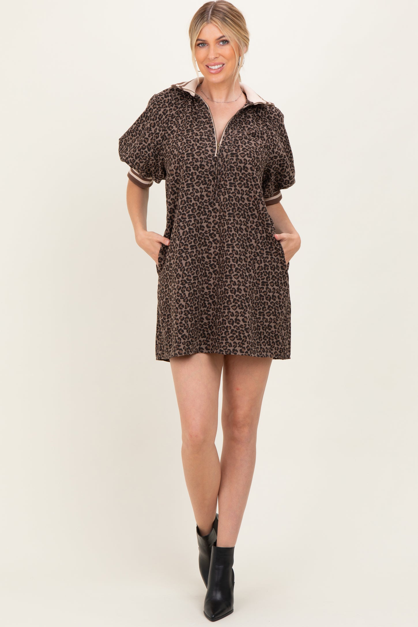 Mocha Animal Print Quarter Zip Puff Sleeve Maternity Mini Dress