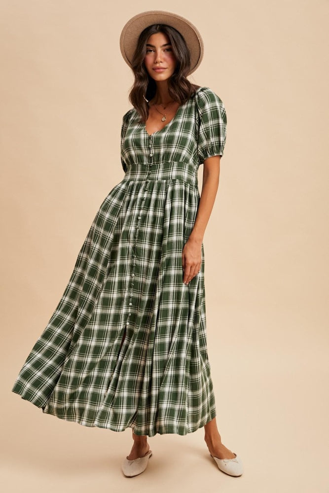 Forest Green Plaid Button Down Maxi Dress