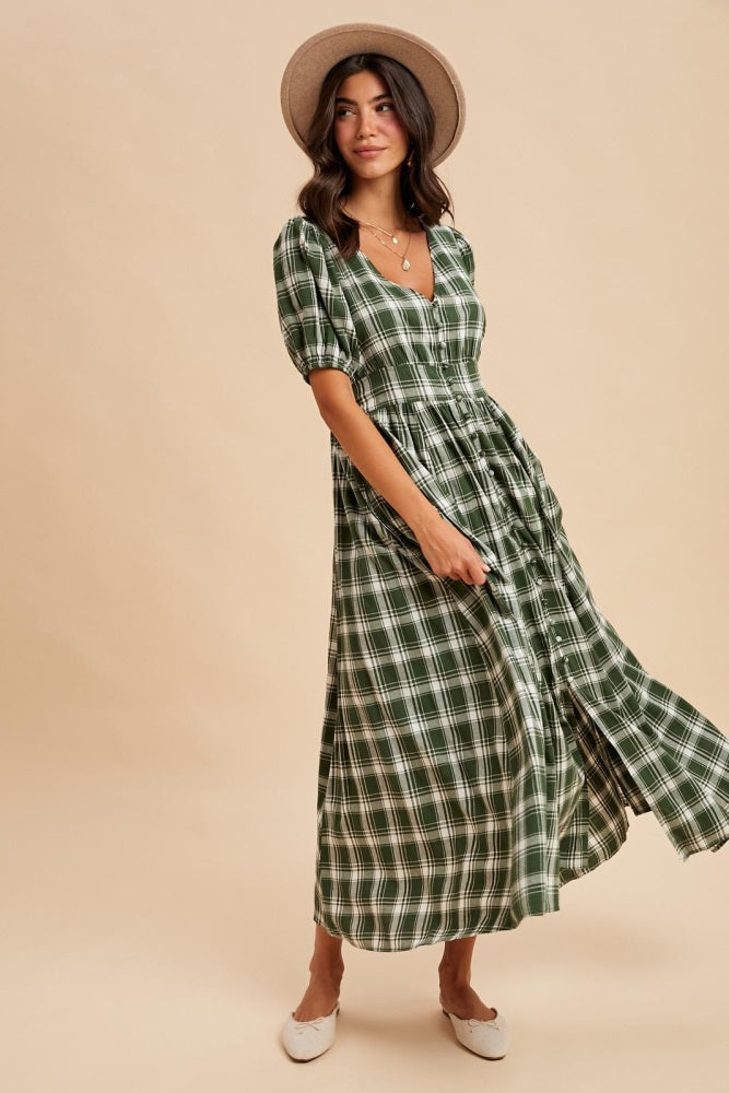 Forest Green Plaid Button Down Maxi Dress