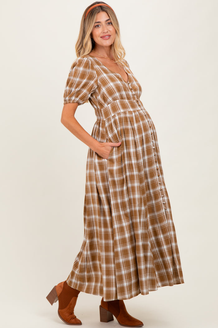Camel Plaid Button Down Maternity Maxi Dress