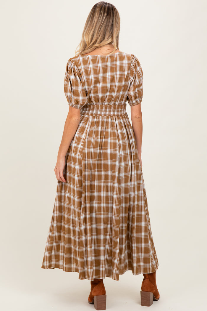 Camel Plaid Button Down Maternity Maxi Dress