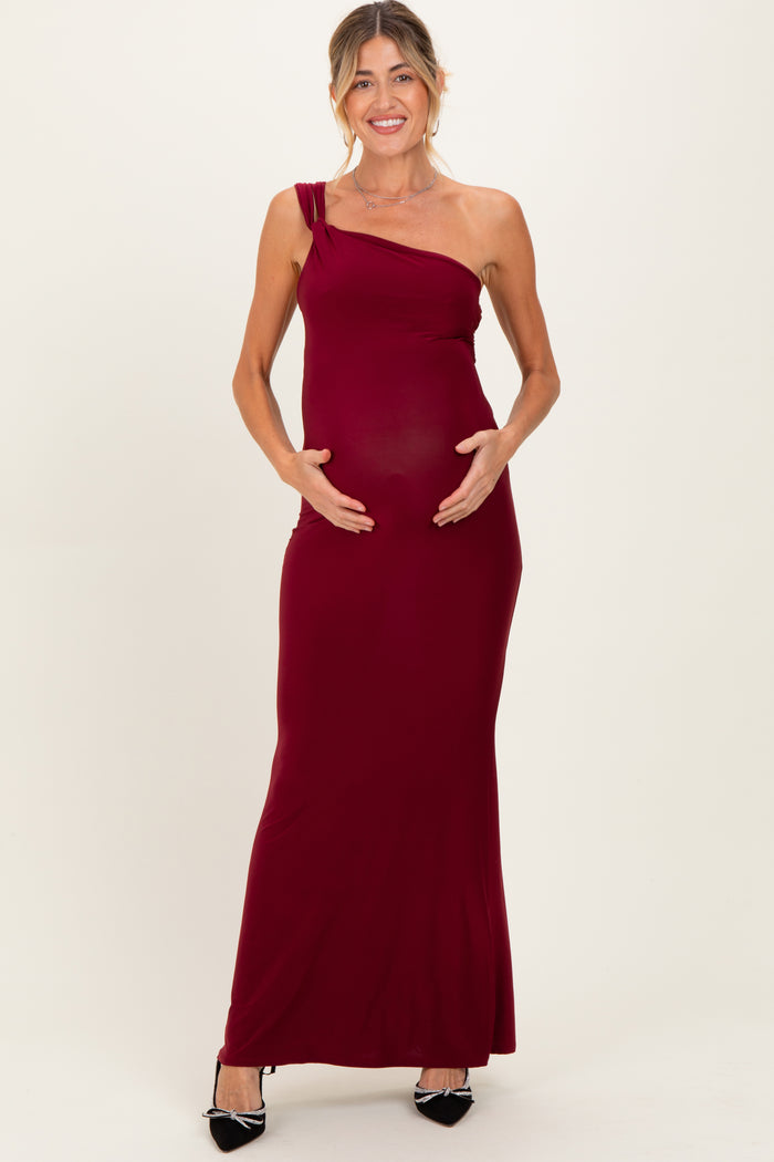 Burgundy Double Strap One Shoulder Maternity Maxi Dress