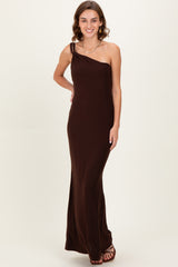 Brown Double Strap One Shoulder Maxi Dress