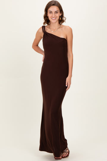 Brown Double Strap One Shoulder Maxi Dress