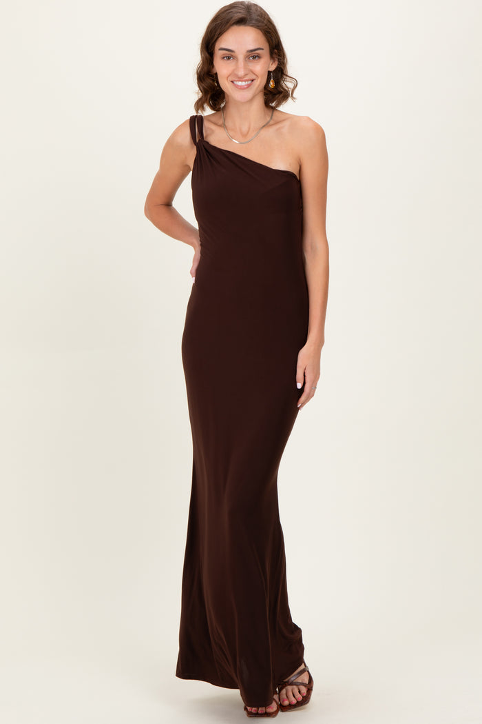 Brown Double Strap One Shoulder Maxi Dress