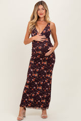 Brown Floral Deep V-Neck Sleeveless Maternity Maxi Dress