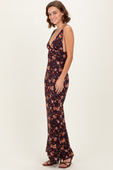 Brown Floral Deep V-Neck Sleeveless Maxi Dress