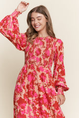 Red Floral Smocked Bodice Long Sleeve Maxi Dress