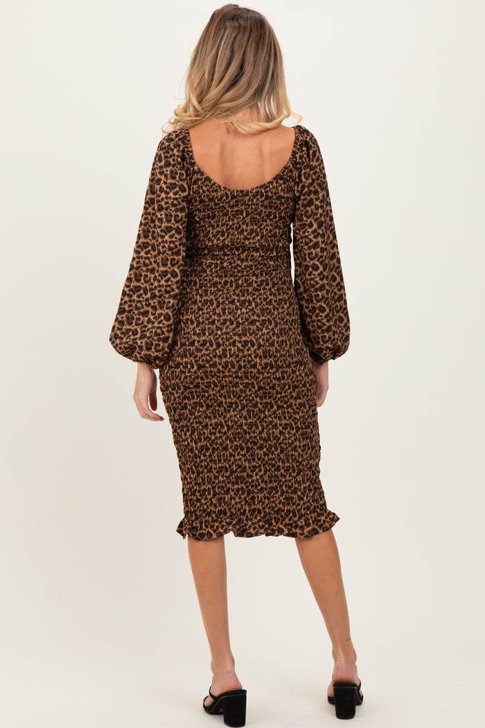 Brown Leopard Print Bodycon Maternity Midi Dress