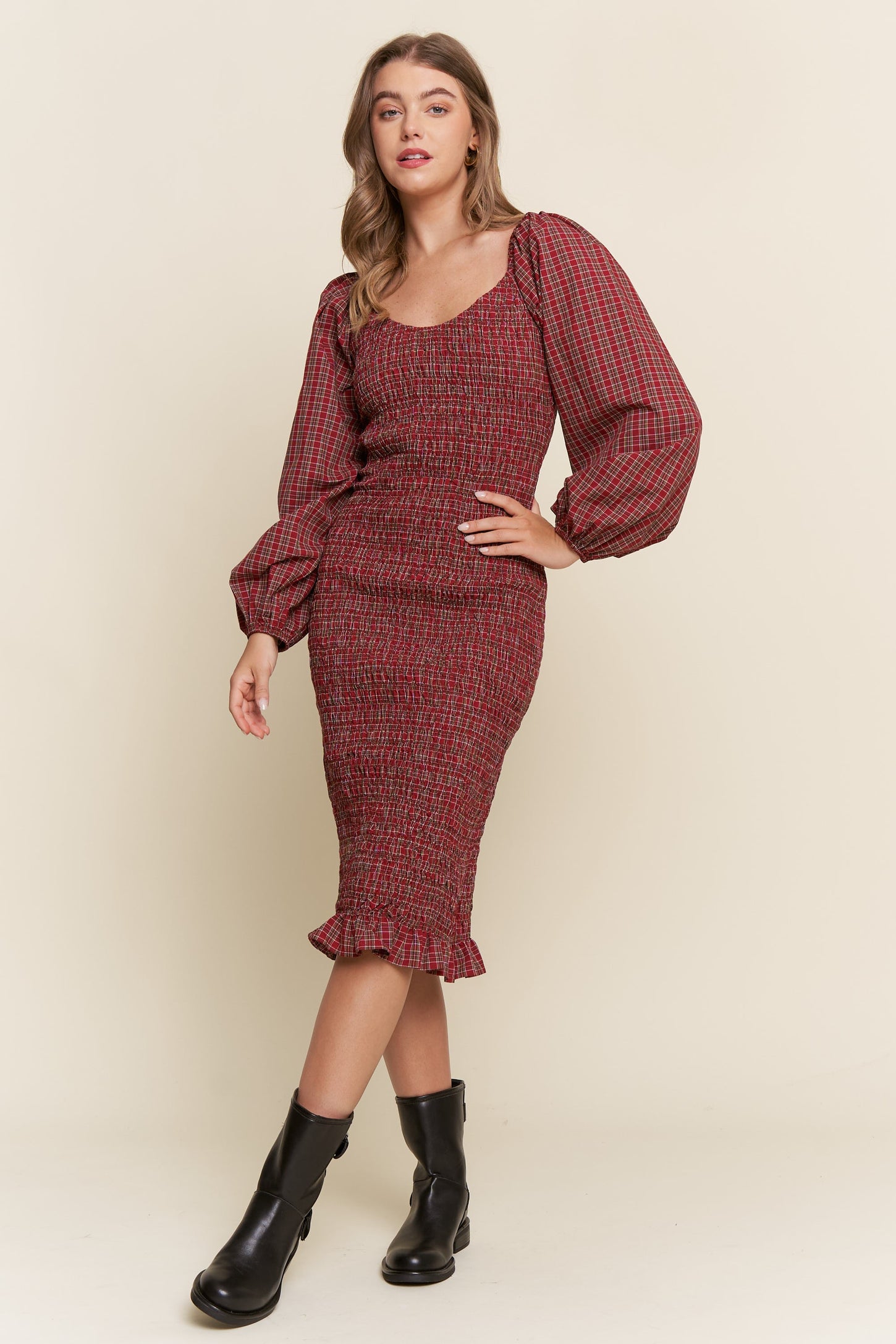 Burgundy Plaid Long Sleeve Bodycon Midi Dress