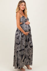 Black Printed Halter Cutout Tie Back Maternity Maxi Dress