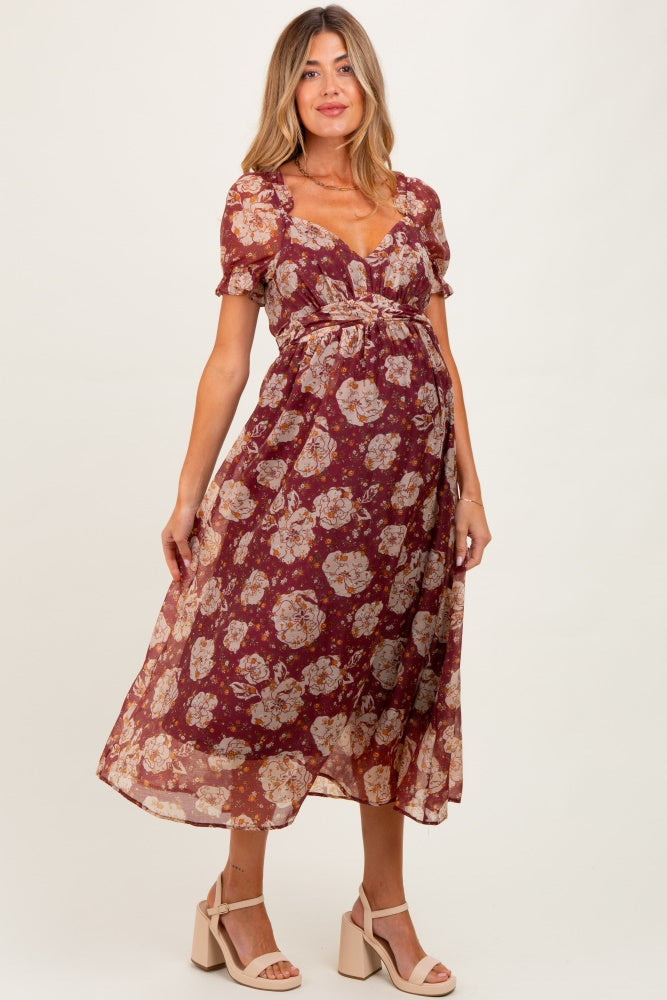 Burgundy Floral Chiffon Sweetheart Neckline Maternity Midi Dress