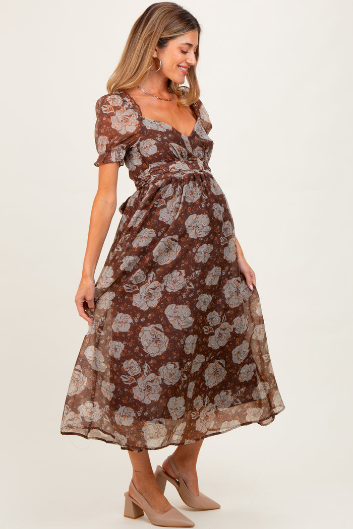 Brown Floral Chiffon Sweetheart Neckline Maternity Midi Dress
