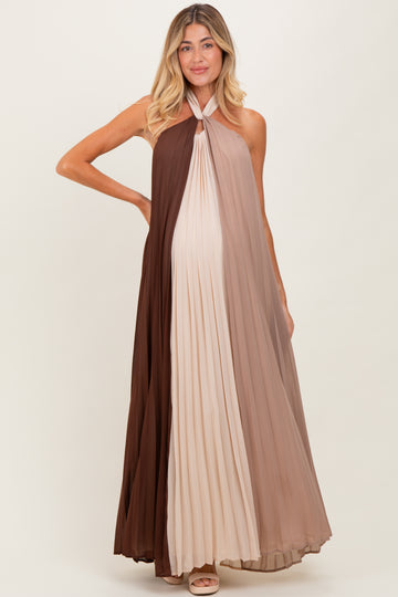 Brown Colorblock Pleated Halter Neck Maternity Maxi Dress