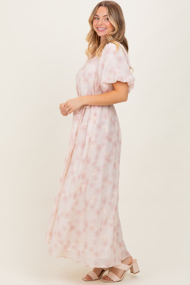 Ivory Floral Embroidered Puffed Sleeve Midi Dress