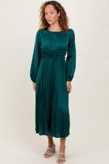 Forest Green Pleated Satin Smocked Waist Maternity Midi Dress