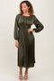 Olive Pleated Satin Smocked Waist Midi Dress
