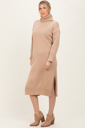 Camel Turtleneck Chunky Knit Midi Sweater Dress