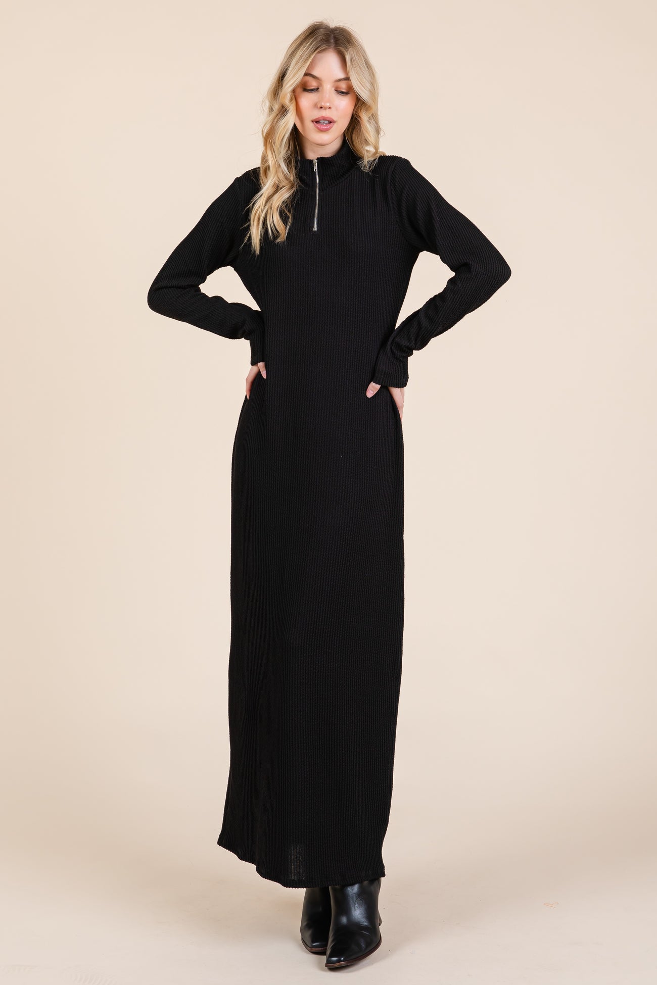 Black Textured Rib Quarter Zip Maxi Dress