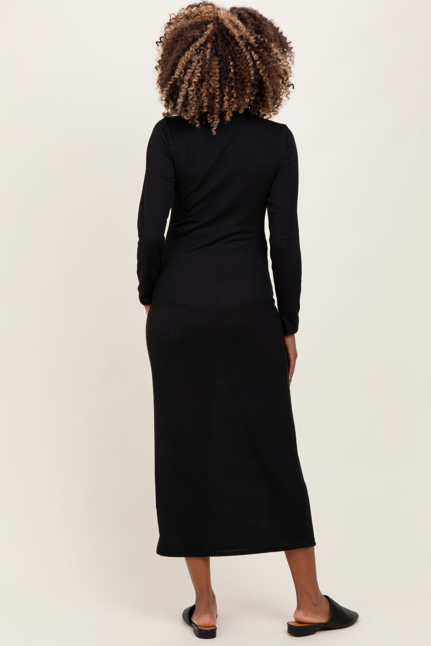 Black Textured Rib Quarter Zip Maternity Maxi Dress