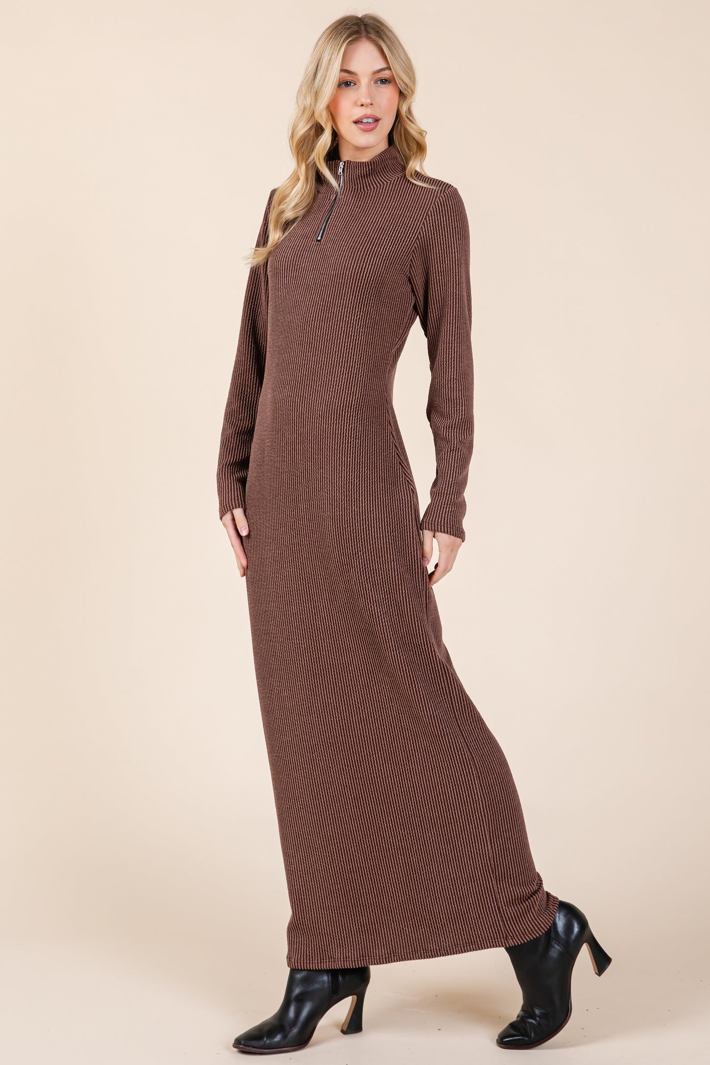 Brown Textured Rib Quarter Zip Maxi Dress