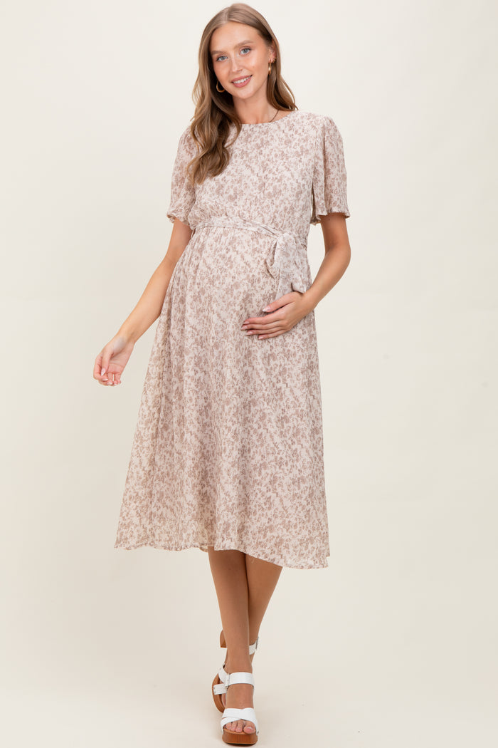 Ivory Floral Plisse Chiffon Maternity Midi Dress