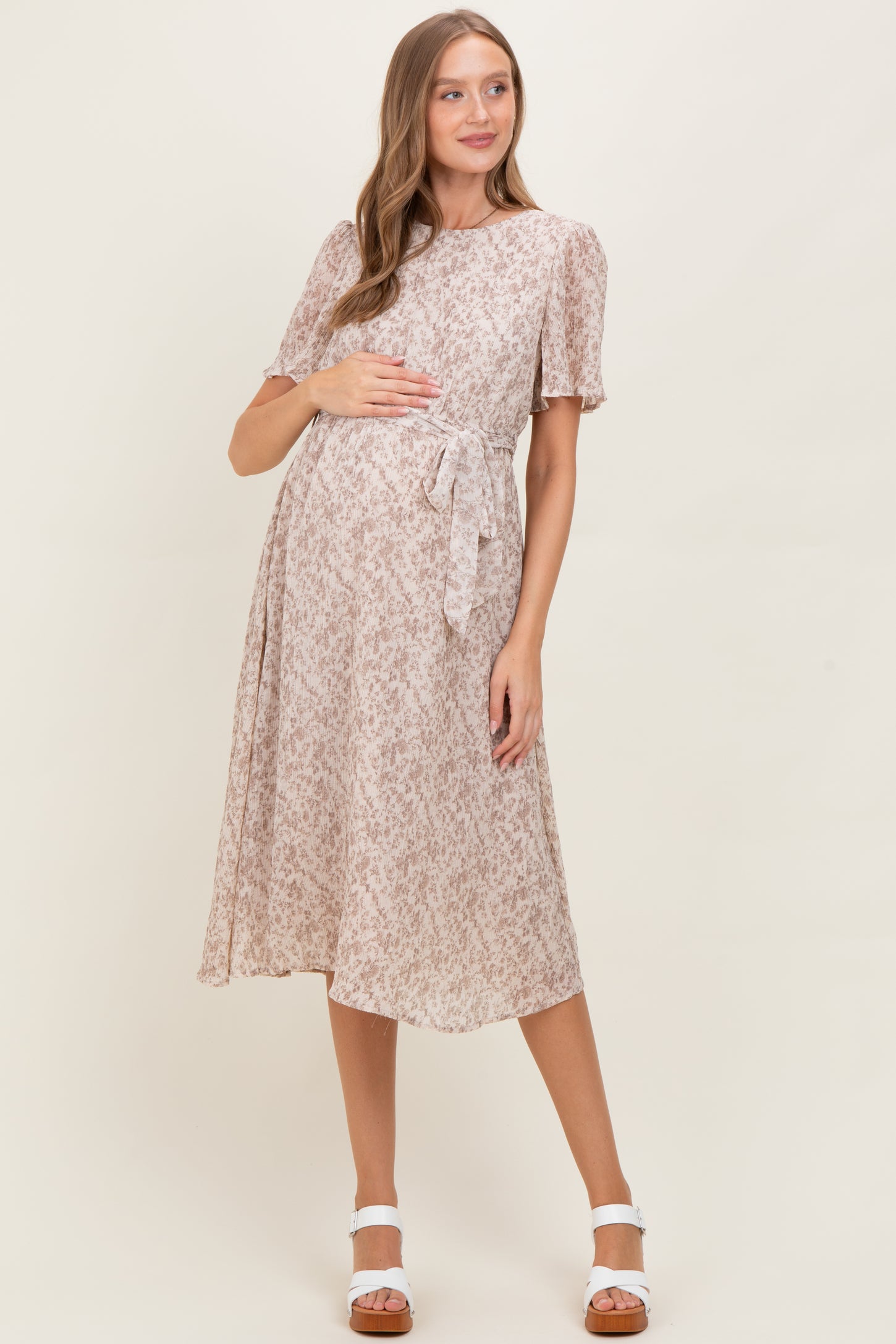 Ivory Floral Plisse Chiffon Maternity Midi Dress