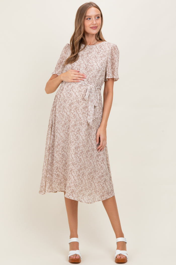 Ivory Floral Plisse Chiffon Maternity Midi Dress