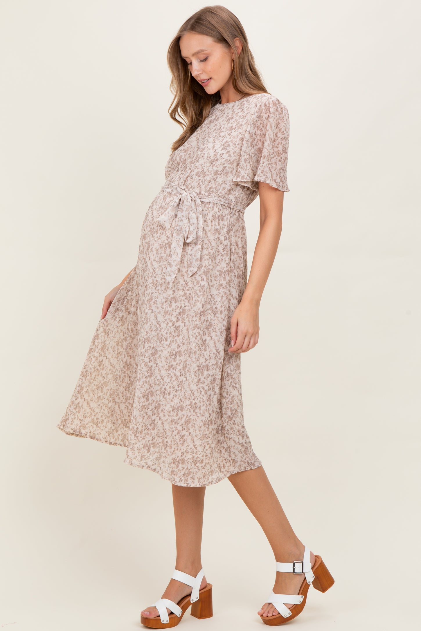Ivory Floral Plisse Chiffon Maternity Midi Dress