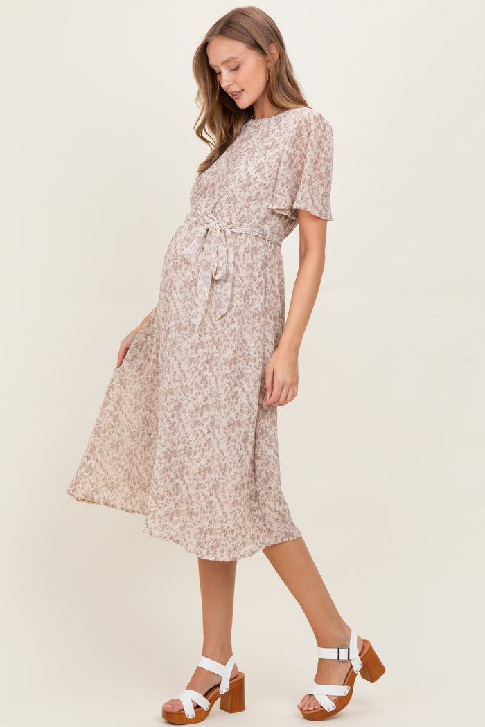 Ivory Floral Plisse Chiffon Maternity Midi Dress