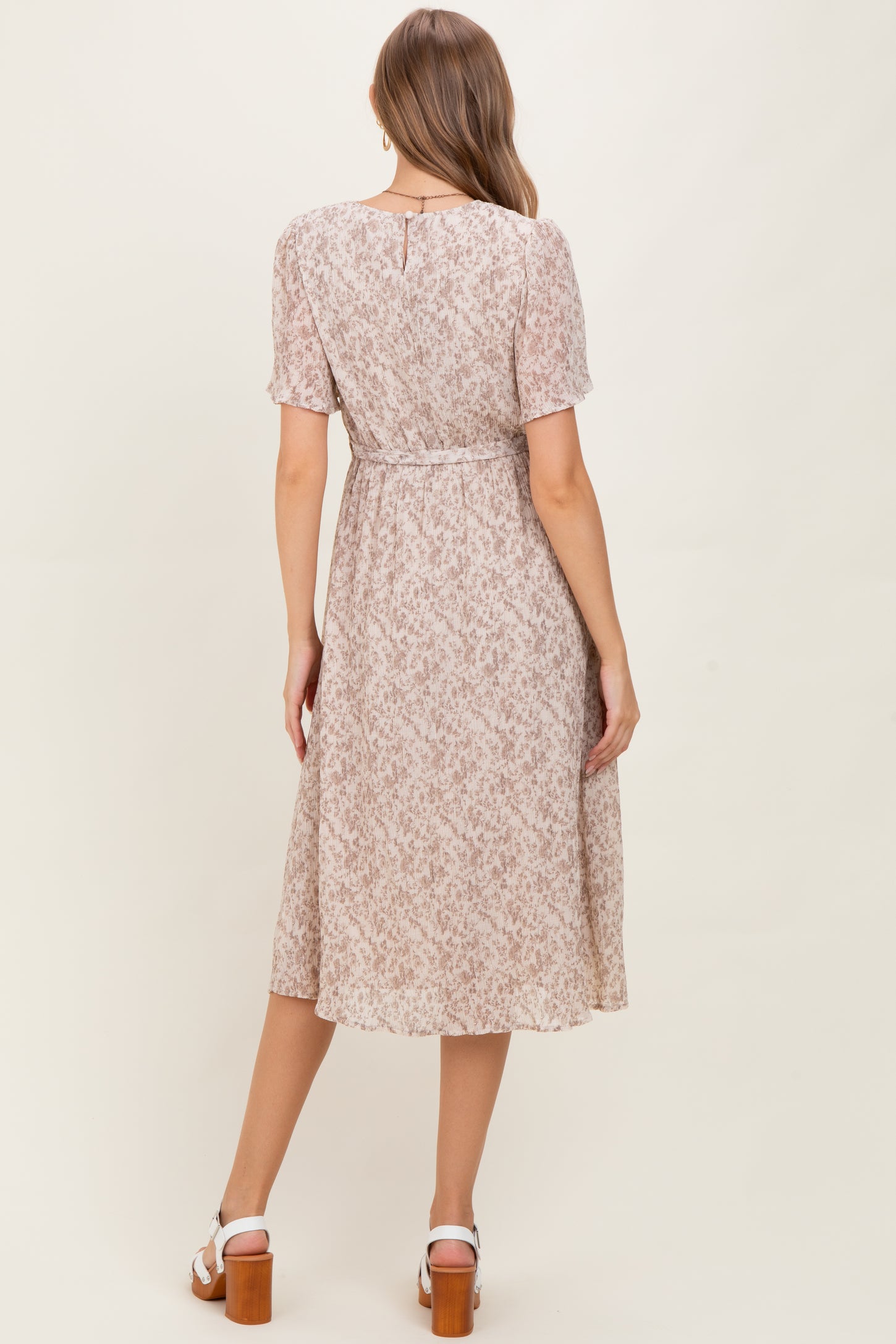 Ivory Floral Plisse Chiffon Maternity Midi Dress