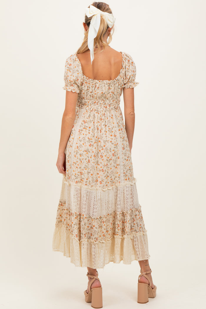 Cream Floral Lace Inset Puff Sleeve Maternity Maxi Dress