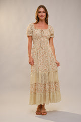 Cream Floral Lace Inset Puff Sleeve Maxi Dress