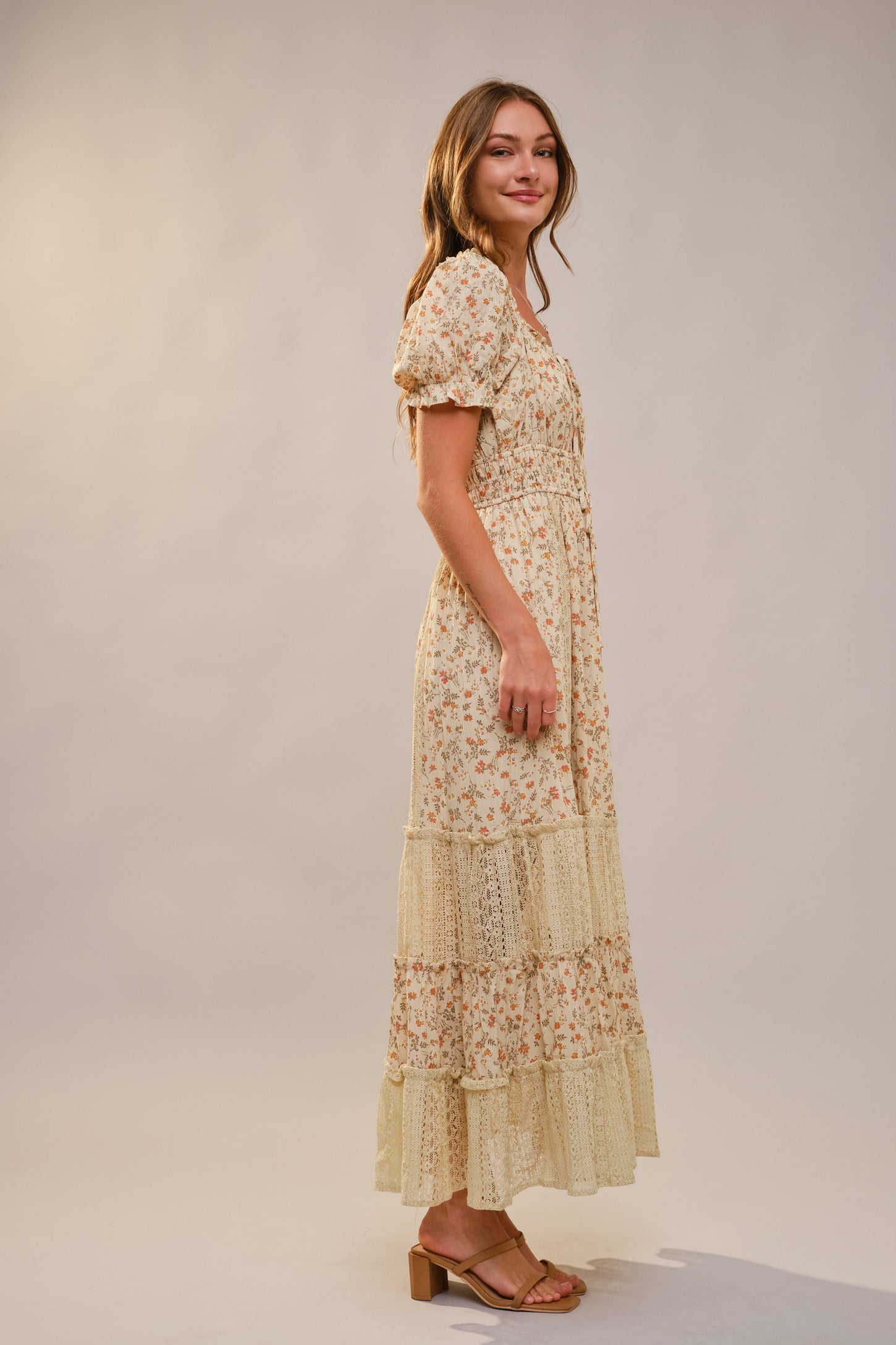 Cream Floral Lace Inset Puff Sleeve Maxi Dress