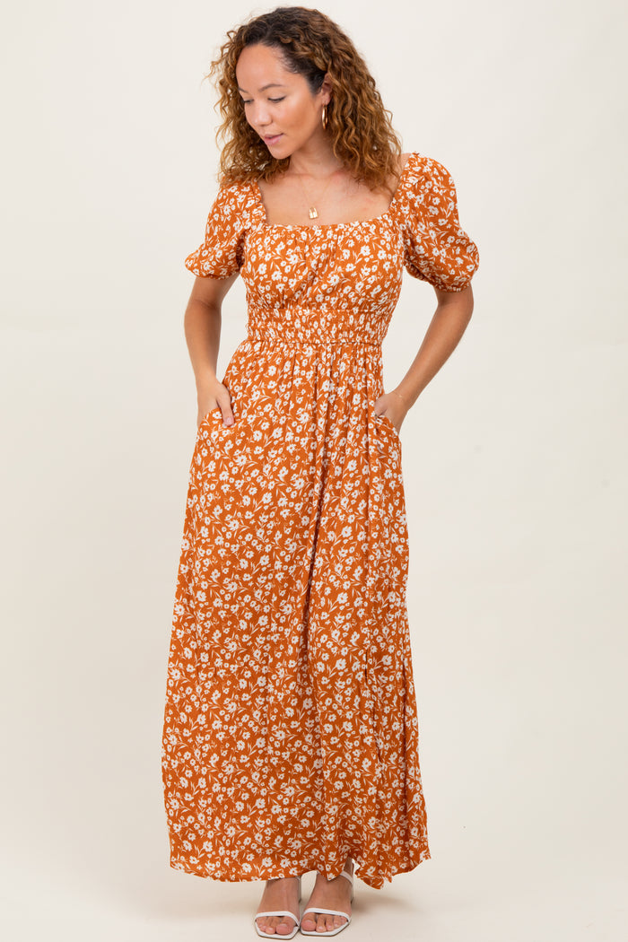Orange Floral Puff Sleeve Side Slit Midi Dress