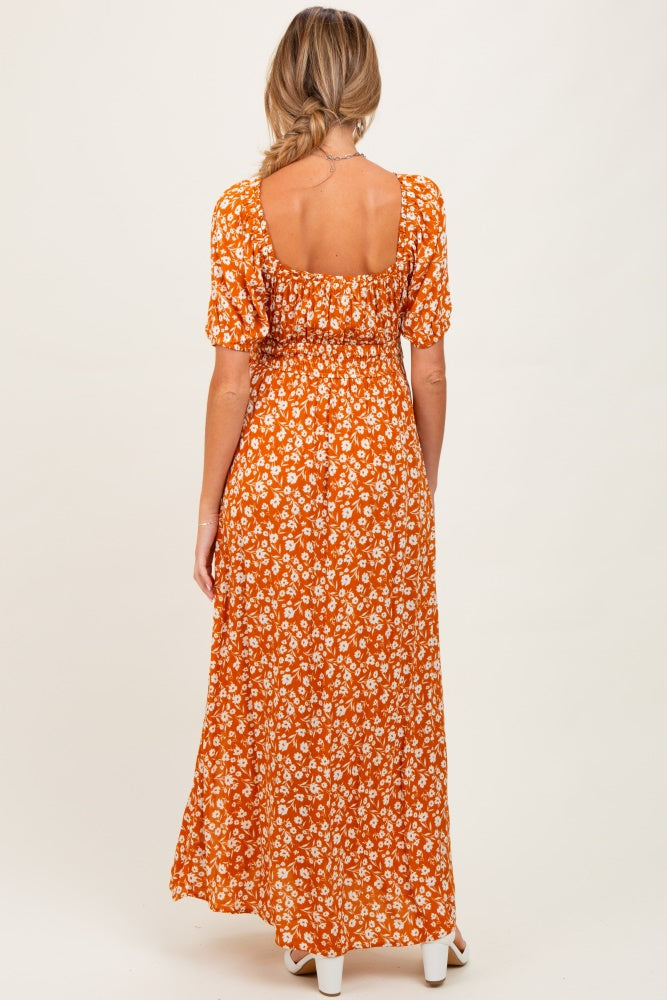 Orange Floral Puff Sleeve Side Slit Maternity Midi Dress