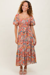 Pink Floral Smocked Puffed Sleeve Maternity Midi Dress