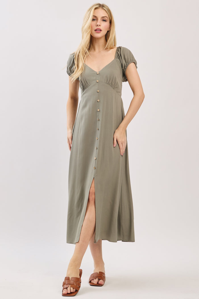Olive Button Accent Front Slit Maternity Midi Dress