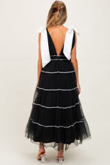 Black Shoulder Bow Tie Lace Detail Tulle Maternity Midi Dress