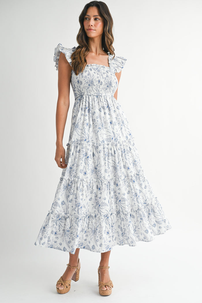 Blue Floral Smocked Tiered Maxi Dress