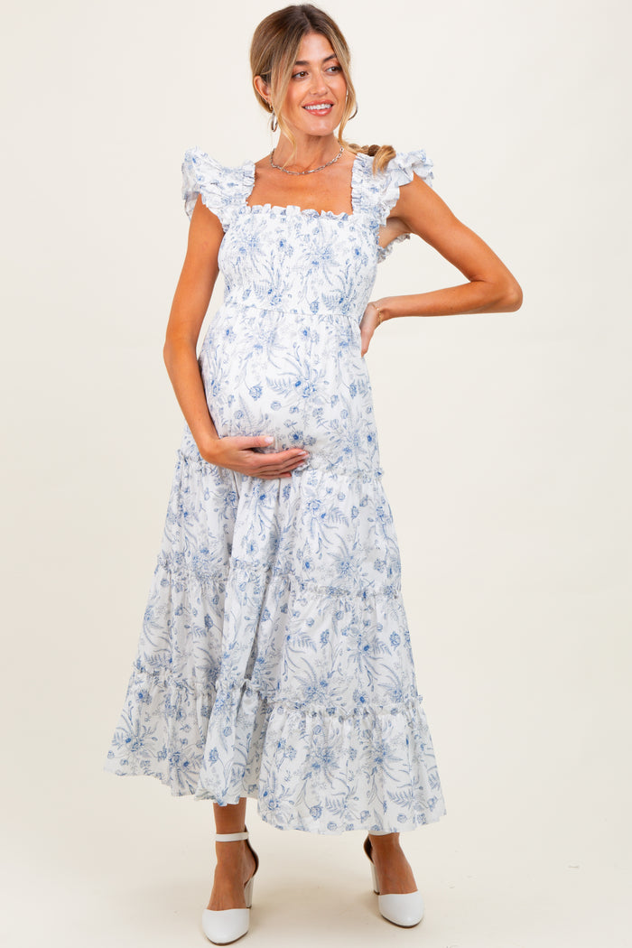 Blue Floral Smocked Tiered Maternity Maxi Dress