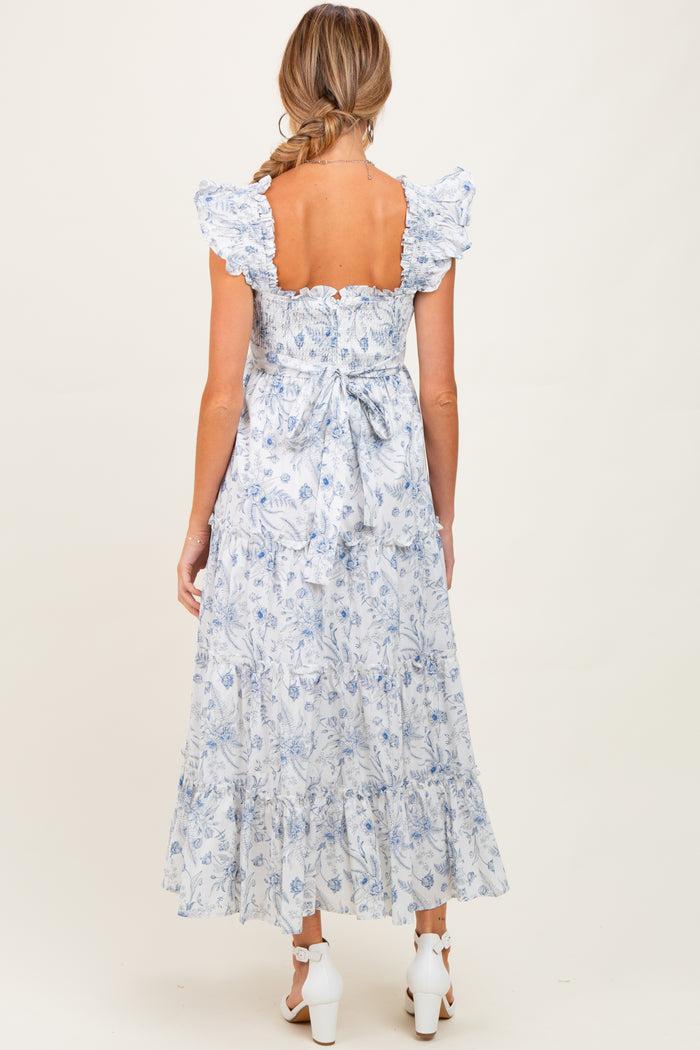 Blue Floral Smocked Tiered Maternity Maxi Dress