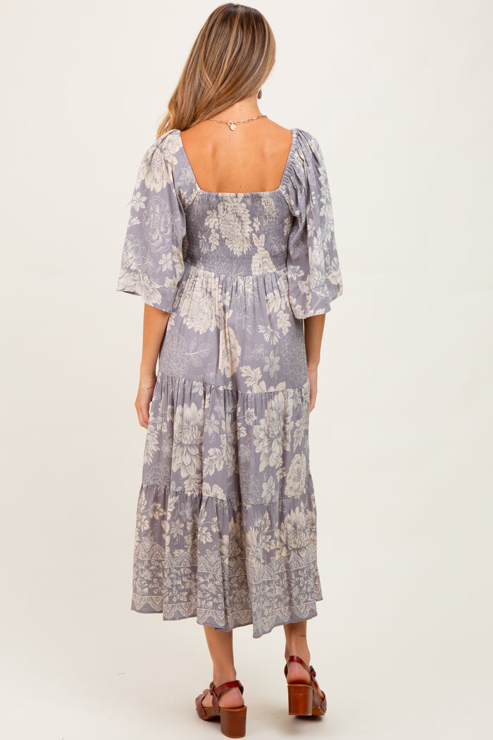 Light Grey Floral Twisted Front Tiered Maternity Midi Dress